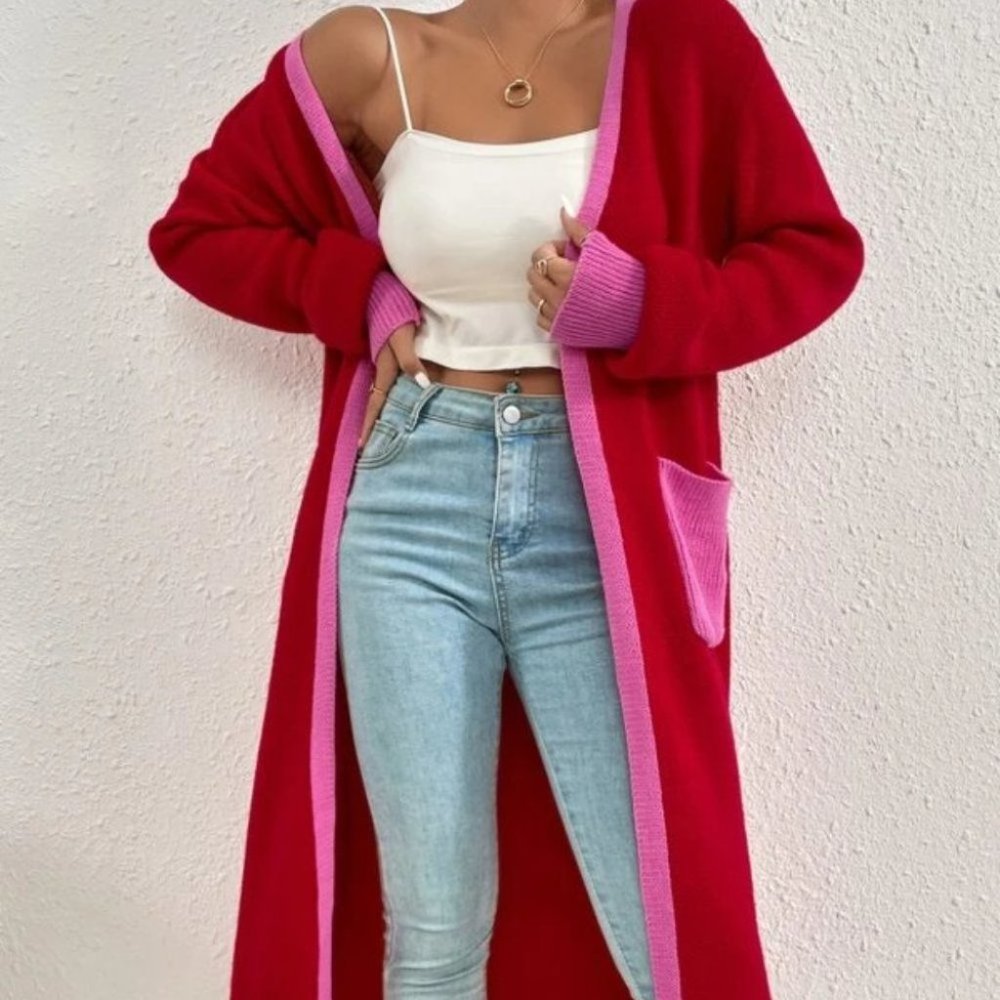knit Open Front Colorblock Pocketed Cardigan Pink Red - Picture 7 of 10